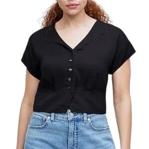 New Madewell Button Front Pleated Back Short Sleeve Top NP038 True Black Size XS